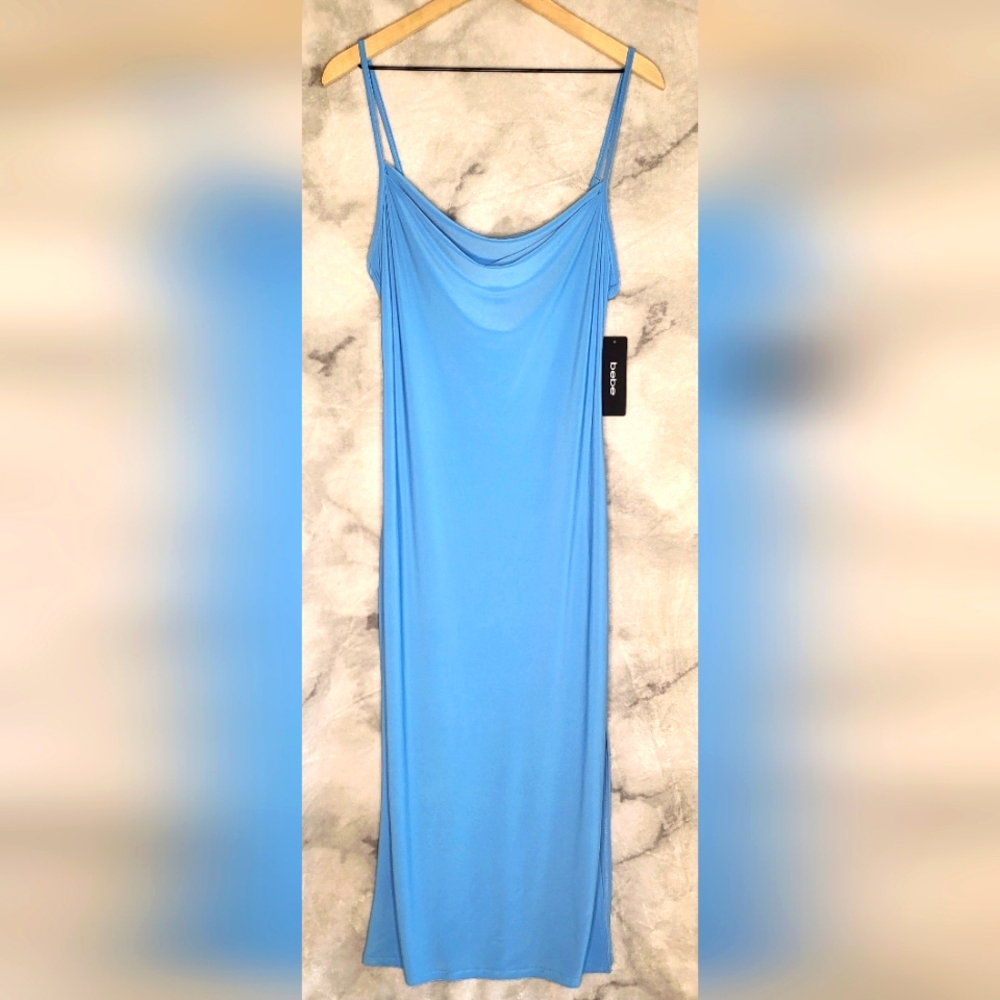 BEBE Cowl Neck Spagetti Strap Slit Maxi Aqua - NWT - Medium